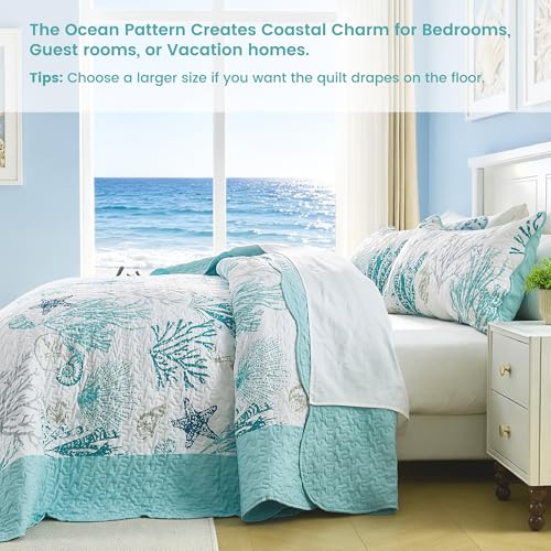 Qucover Oversized California King Coastal Quilt Set - 118"x106" Bedspread