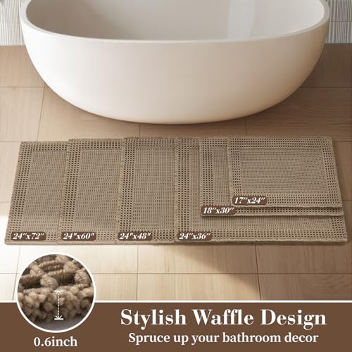 RESARE Waffle Bathroom Runner Rug 24"x72" Brown Non-Slip Boho Bath Mat