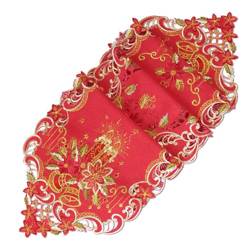 Embroidered Poinsettia Christmas Table Runner - Red Polyester, 14x54 inches