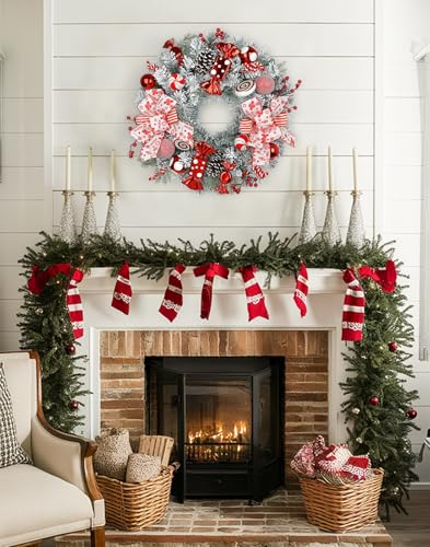 Arborus 24" Artificial Christmas Wreath with Red Candy Accents, Double Ribbon Bows, Pine Cones & Ornaments – White Cedar Base (Variation: Wreath)