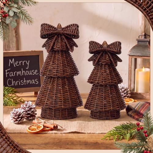Bucherry 2 Pcs Rustic Rattan Christmas Trees Dark Brown Holiday Decor