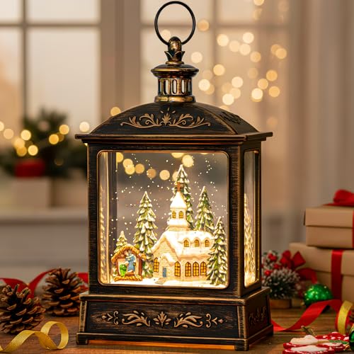 VISFLAIR 12.5'' Church Nativity Snow Globe Lantern with Music & Swirling Glitter