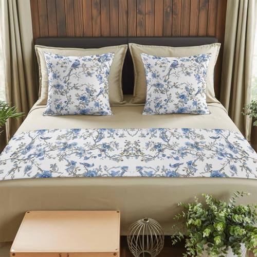Birchloom Blue Floral Birds King Bed Runner Set with 2 Pillow Covers