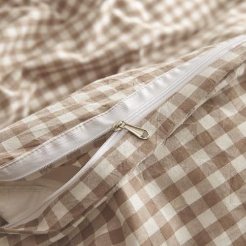 Queen Cotton Gingham Duvet Cover Set - Brown Tan Plaid Bedding with Ties