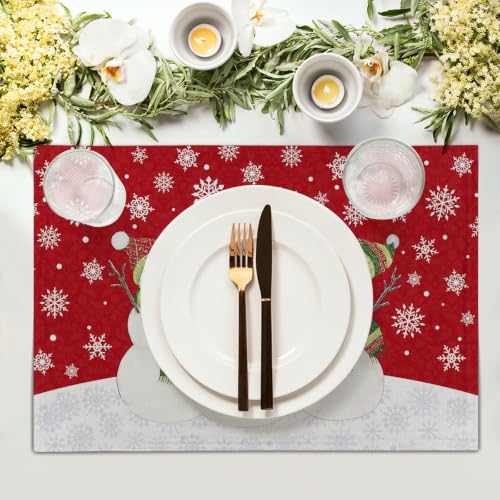 Imiss Snowman Placemat Set of 4 - 12x18 Inch Red Xmas Snowflake Linen Table Mats for Holiday Decor