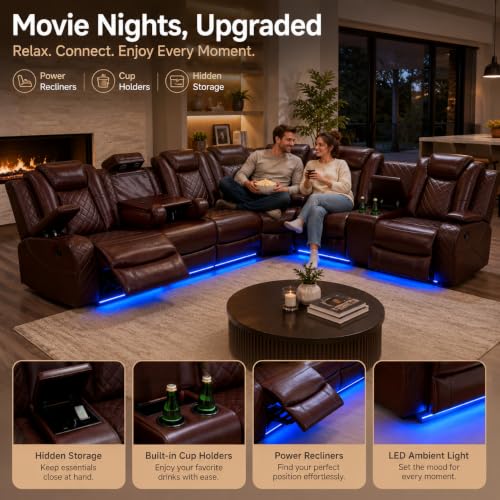 Daydo Sempli Red Power Reclining Sectional Sofa with LED Lights & Cup Holders