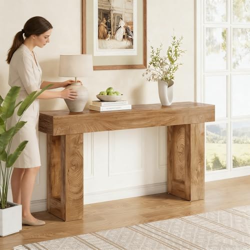 63-Inch Industrial Console Table, Wooden Entryway and Sofa Table in Oak