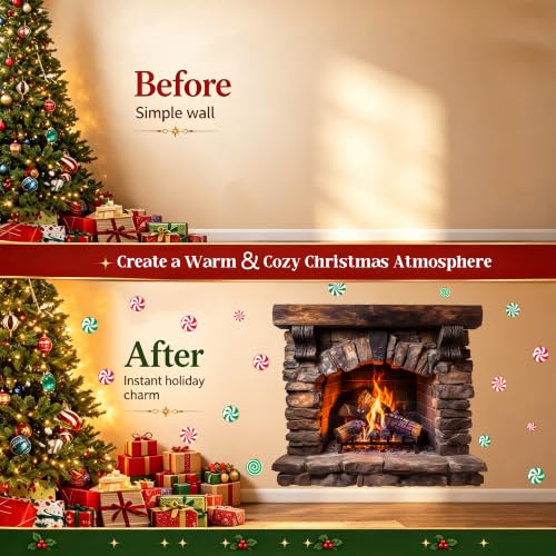 Brown Large Fireplace Wall Decal - 3D Christmas Mantel Stickers Peel & Stick