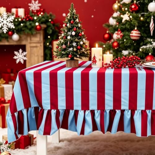 JarThenaAMCS Ruffled Striped Tablecloth 60 x 120 in - Blue Burgundy (Blue Burgundy / 120" x 60")