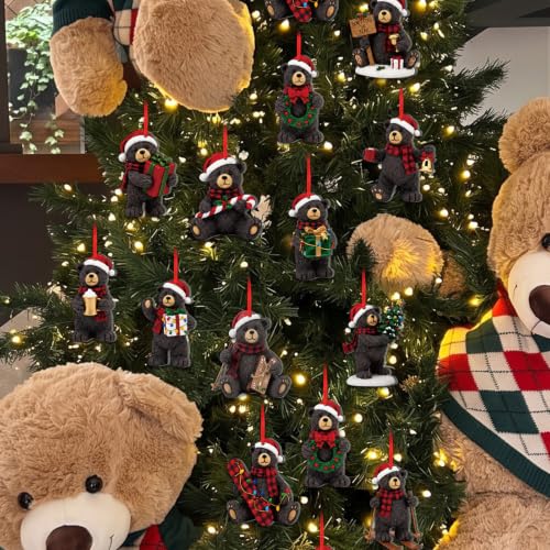 Syhood 24 Pcs Black Bear Christmas Ornaments Set - 12 Styles, Holiday Decor