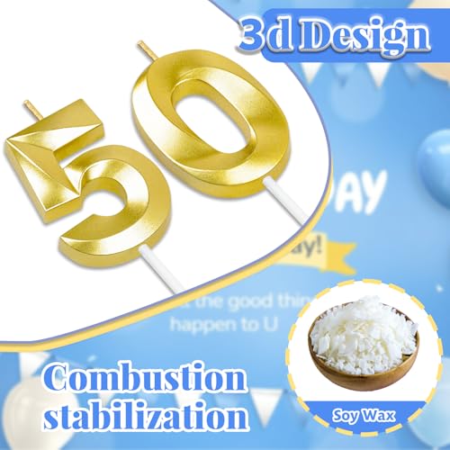 Gold Number 50 Birthday Candle with Holder | Milestone Cake Topper