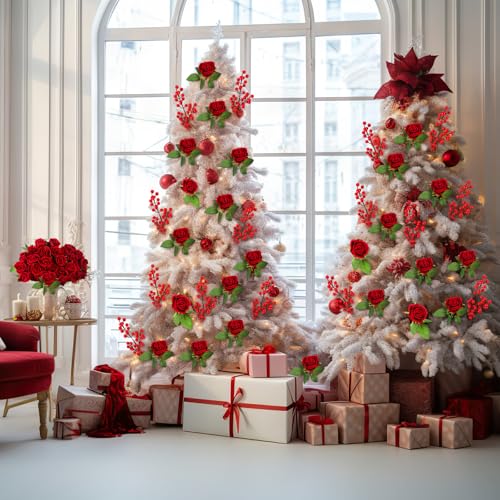 Artificial Velvet Rose & Berry Christmas Decor Set | 60 Pcs Holiday Floral Arrangement