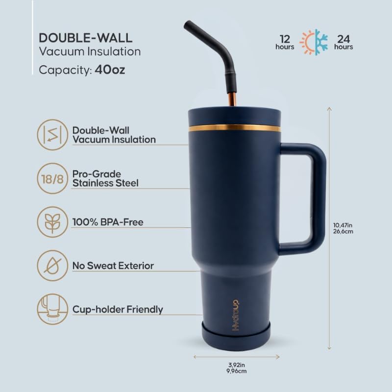 Skiennix 40oz Travel Tumbler Cup - Vacuum Insulated Water Bottle with Handle & Slider Lid | Blue Gold