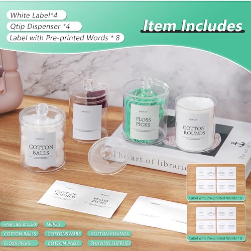 4 Pack Clear Bathroom Canister Set with Lids and Labels for Q-Tips and Cotton Rounds