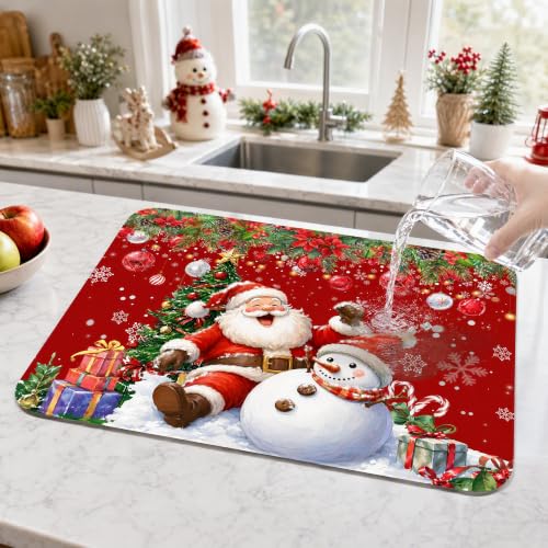 TUNSEZ Christmas Santa Snowman Dish Drying Mat 18x24 Inch Holiday Kitchen Decor