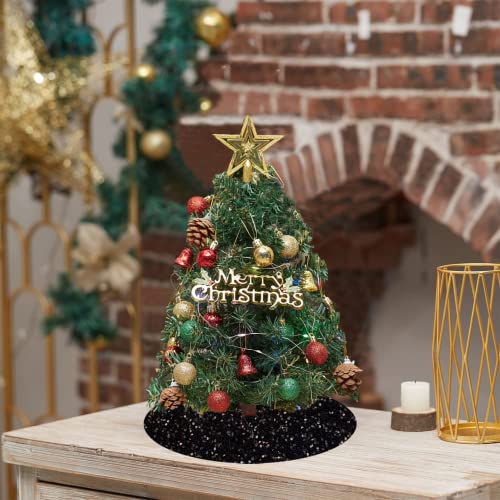 Black Sequin Velvet Christmas Tree Skirt - 21 Inch Small Holiday Tree Mat