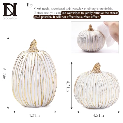 White and Gold Resin Pumpkin Figurines - Set of 2 Fall Table Centerpieces