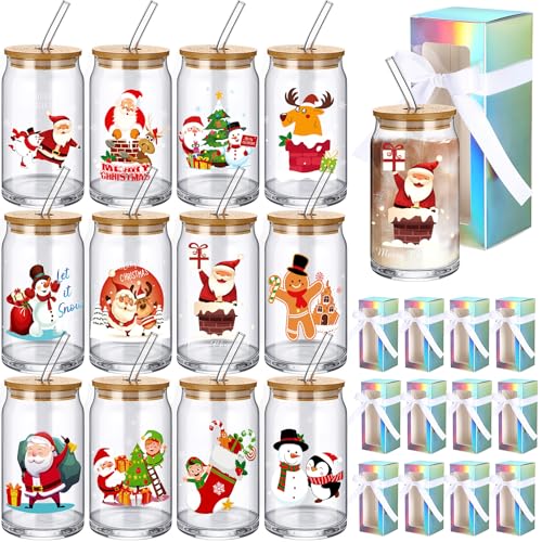 Christmas Glass Cups Set - 12 Pcs 16 oz Tumbler with Santa Gift & Accessories