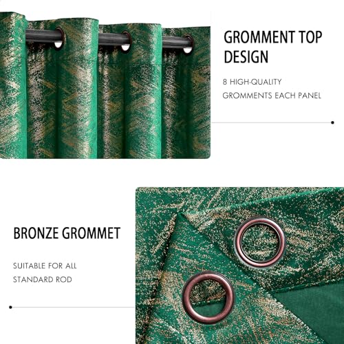 Chorowl Green and Gold Velvet Curtains 52x90 in (Pack of 2) - Gilded Foil Print Living Room
