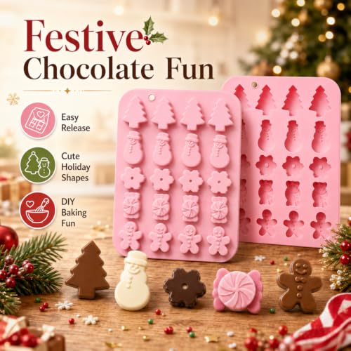 Orapink Christmas Silicone Mold 20-Cavity Pink, 5 Festive Designs – Trees, Snowmen, Candies, Gingerbread Men