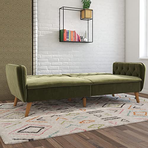 Green Velvet Memory Foam Convertible Futon Sofa Bed with Button Tufting