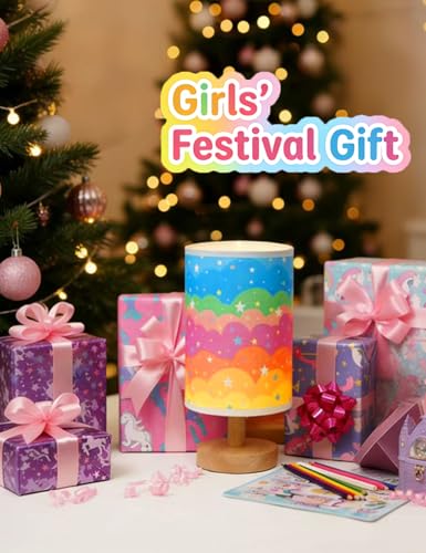 Rainbow Kids Table Lamp with Dimmable Wooden Base and Fabric Shade