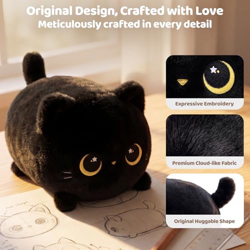 8-Inch Black Cat Plush Toy, Ultra-Soft Kawaii Stuffed Animal Pillow