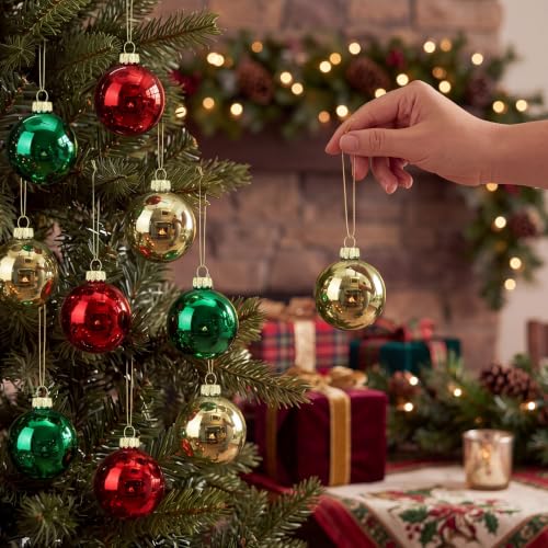 16 Pack Christmas Glass Ornaments - Red Green Gold Shiny Holiday Decorations