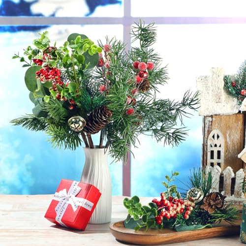Artificial Christmas Berry Picks - 12 Inch Red Pine Cones & Holly Stems for Holiday Decor