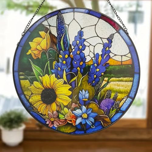 Sunflower & Lavender Stained Glass Suncatcher - 9.8 Inch Hand-Painted Window Decor