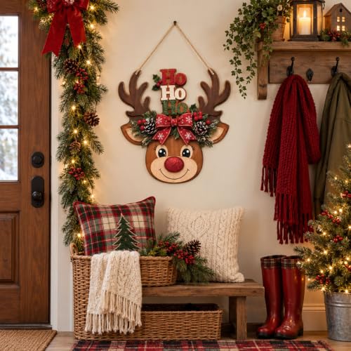 Christmas Reindeer Door Hanging Sign with HO HO HO - Holiday Decor, Rustic Christmas Door Ornament, Reindeer Christmas Decoration - Mokesova