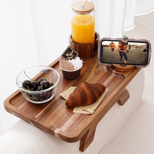 Acacia Wood Sofa Arm Tray with 360° Rotating Cup Holder and Phone Stand