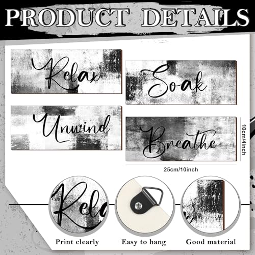 4-Piece Modern Bathroom Wall Art Set, 10x4 Inch Black and White Wooden Signs