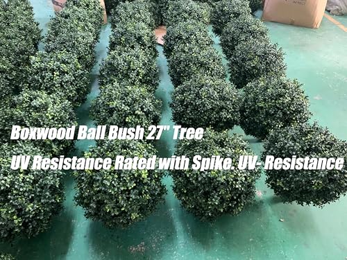 27-Inch Artificial Boxwood Ball Bush with Spike, UV-Resistant 2-Pack
