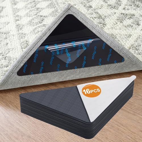 16 Pcs Anti-Slip Rug Grippers for Hardwood Floors - Reusable Carpet Tape