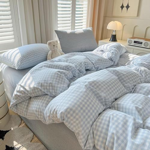 Blue Gingham Duvet Cover Set - Queen Soft Washed Microfiber Bedding