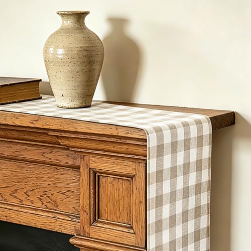 Alsoo Beige Gingham Table Runner 13 x 90 in - Cotton Linen Farmhouse Decor, Wrinkle Free