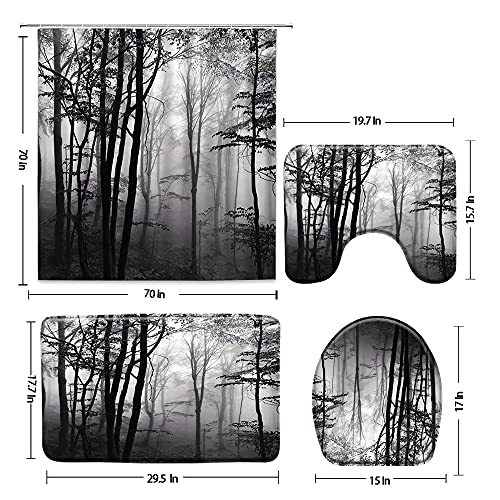Dark Foggy Forest 4-Piece Shower Curtain Set with Rugs & Toilet Cover