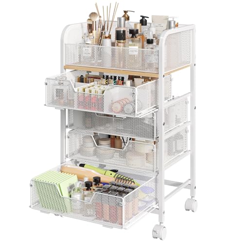 Hongtamoya White 4-Drawer Makeup Cart Organizer with Wheels & Top Display