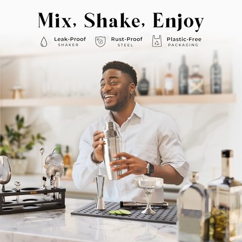 Bare Barrel® 24oz Silver & Black Cobbler Cocktail Shaker Bar Set with 16 Tools & Recipe Cards