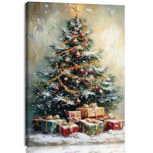 Christmas Tree Wall Art Canvas Painting - Snowy Holiday Decor, 16x24 inches