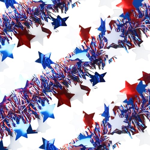 Patriotic Red White & Blue Star Tinsel Garland - 33 Ft 4th of July Decor