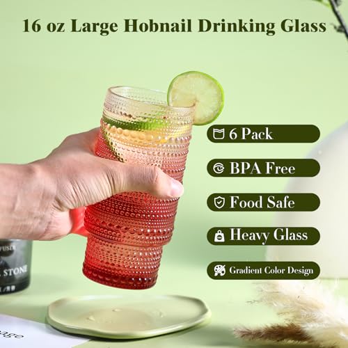 Gradual Red Hobnail Drinking Glasses Set of 6 - 16 oz Vintage Water Tumblers