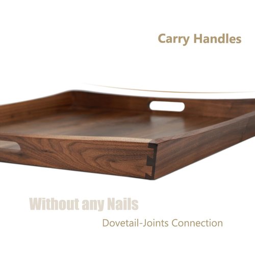 MAGIGO 19 x 19 Inches Large Square Curved Black Walnut Wood Ottoman Tray with Handles, Serve Tea, Coffee Classic Wooden Decorative Serving Tray