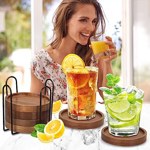 Acacia Wood Coaster Set of 6 with Holder - Farmhouse Drink Coasters
