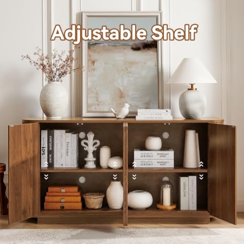 64" Fluted Wood Buffet Sideboard Cabinet with 4 Doors and Adjustable Shelves