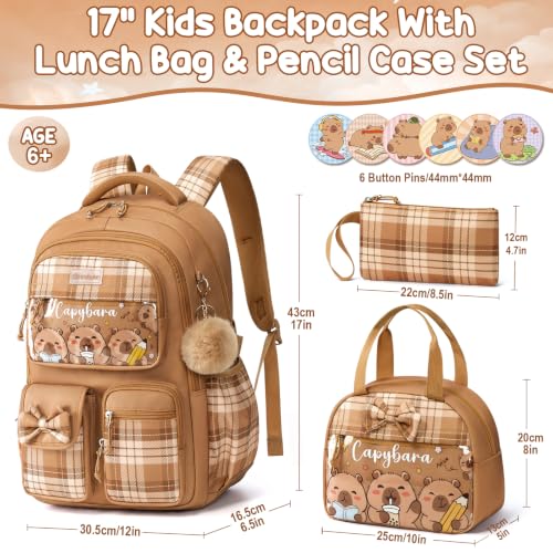 Cute Capybara Girls School Backpack Set with Lunch Box and Pencil Case
