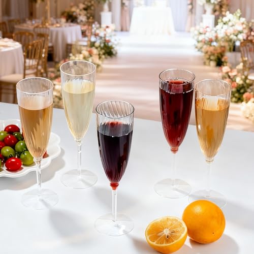 EHLOPMN 24 Pack 6oz Clear Striped Plastic Champagne Flutes – Disposable & Reusable