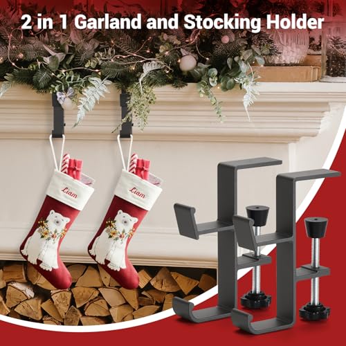 Popamaz 5 Pack Black Christmas Stocking & Garland Holders with 2 Hooks - Adjustable Fireplace Mantle Decor