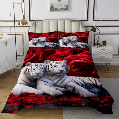 Tiger and Floral Queen Bedspread Set - 3-Piece Lightweight Quilt Coverlet